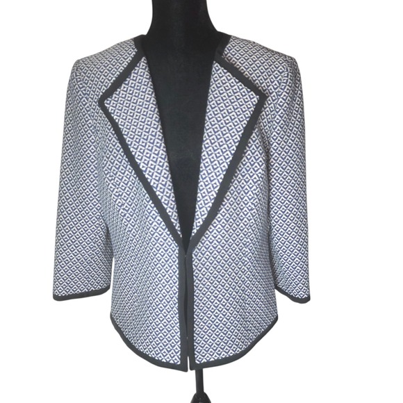 Kasper Blazer Size 10 Blue White Geometric Open Front Career Jacket 3/4 Sleeve - Picture 3 of 9